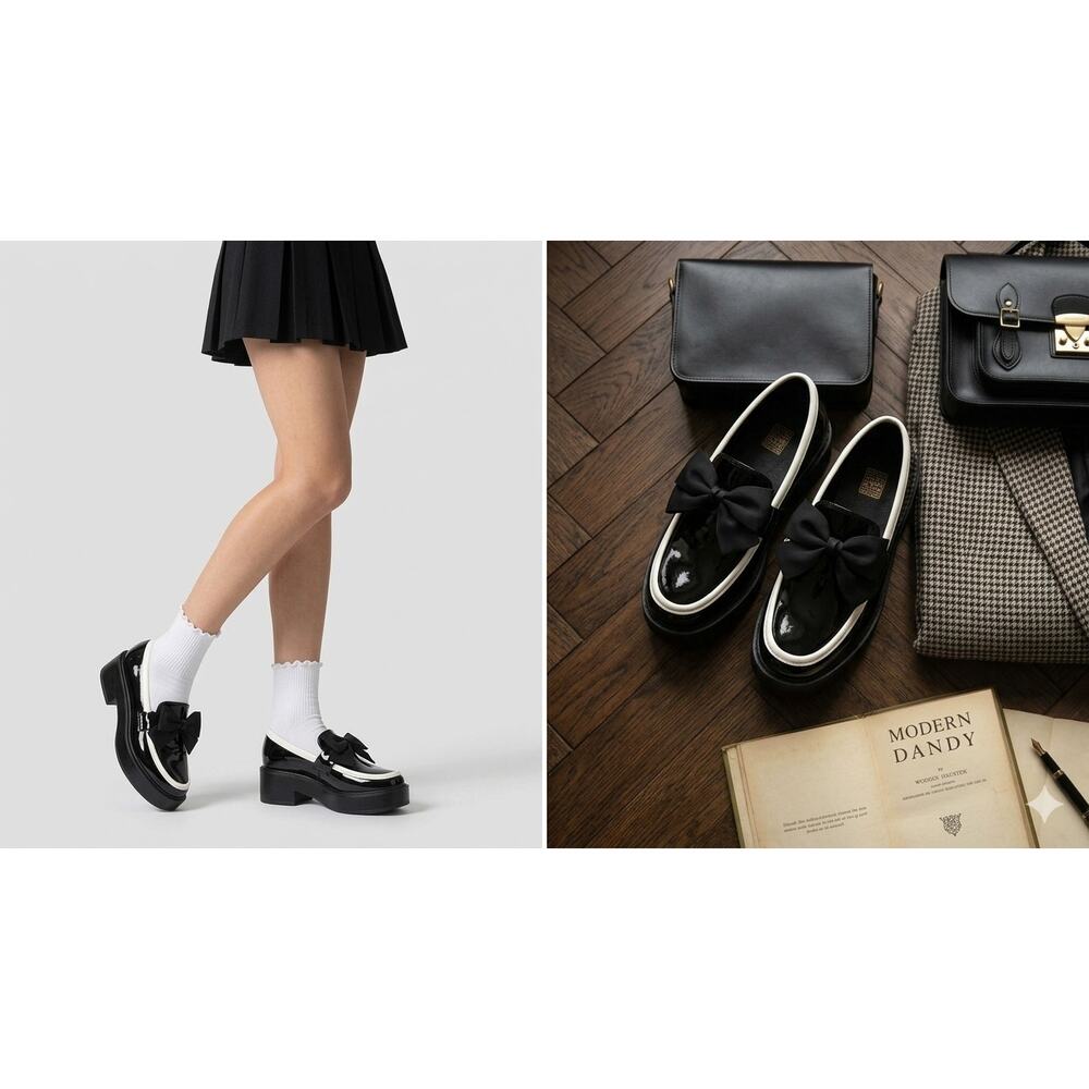 Black White Patent Loafers Sz 43 Coquette Bow Chunky Dark Academia Preppy Shoe